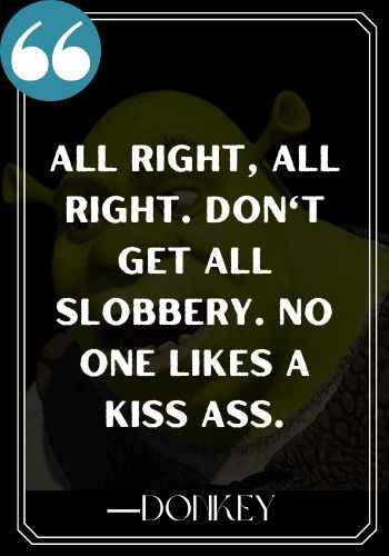 All right, all right. Don't get all slobbery. No one likes a kiss ass. ―Donkey, Funniest and Most Inspirational Shrek Quotes,