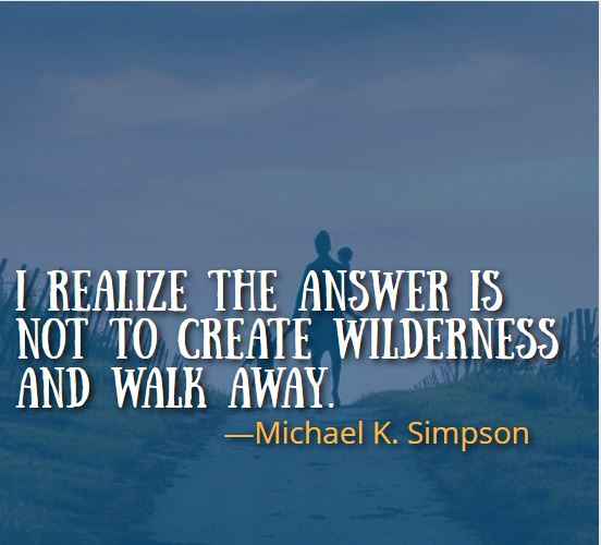  I realize the answer is not to create wilderness and walk away. ―Michael K. Simpson, Best Walking Away Quotes 
