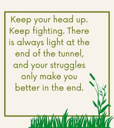 Keep your head up. Keep fighting. There is always light at the end of the tunnel, and your struggles only make you better in the end.