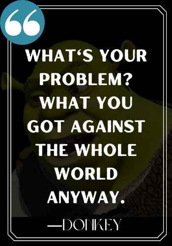 What's your problem? What you got against the whole world anyway. ―Donkey, Funniest Shrek Quotes,