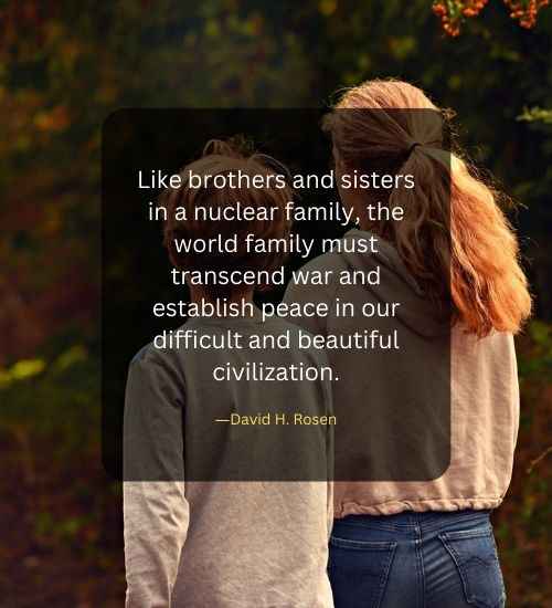 Like brothers and sisters in a nuclear family, the world family must transcend war and establish peace in our difficult and beautiful civilization.