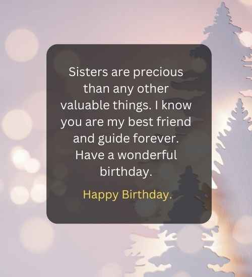 Sisters are precious than any other valuable things. I know you are my best friend and guide forever. Have a wonderful birthday.