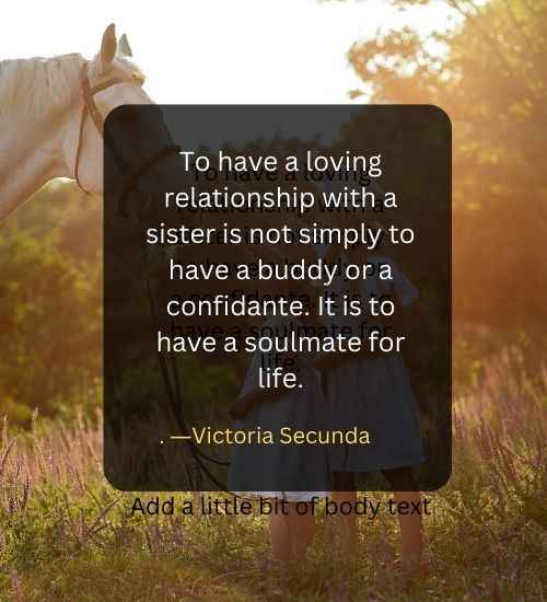 To have a loving relationship with a sister is not simply to have a buddy or a confidante. It is to have a soulmate for life.